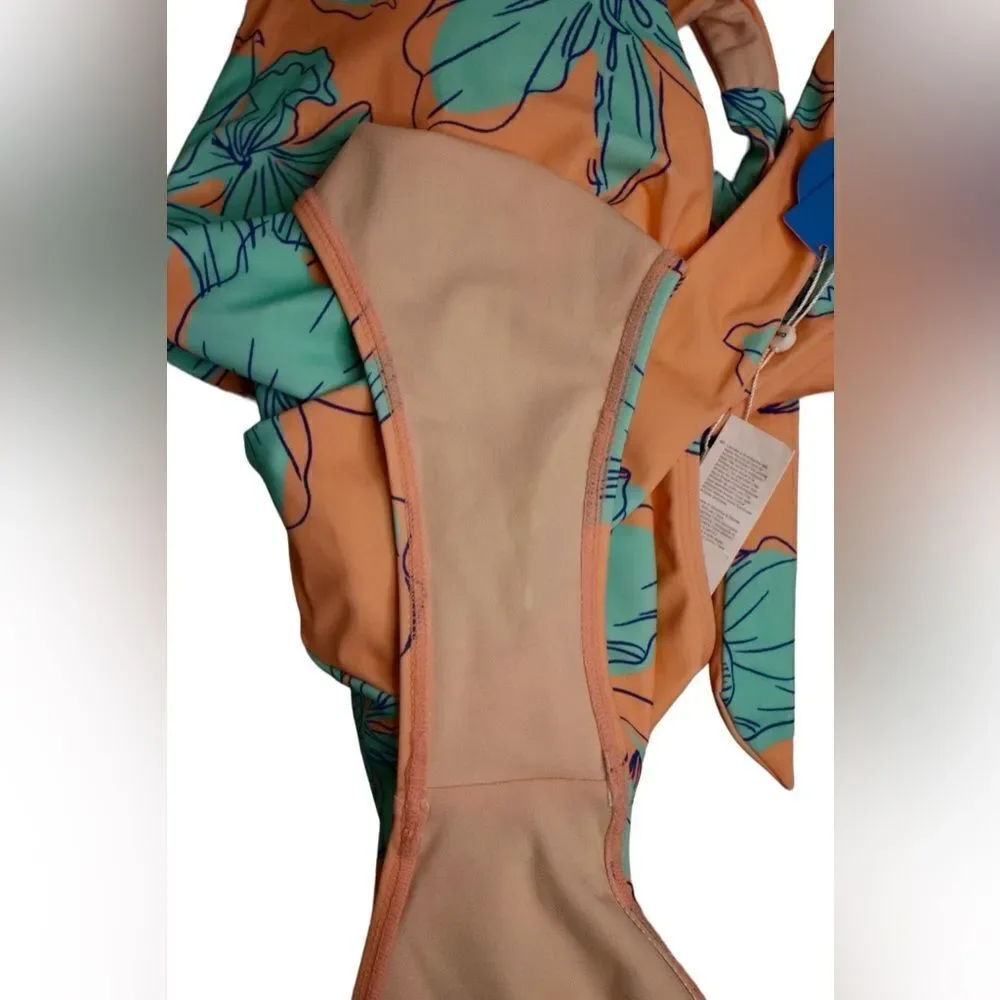 Cupshe Blooming Flowers Wrap‎ Neck One Piece Swimsuit LARGE Hawaiian Beach NWT